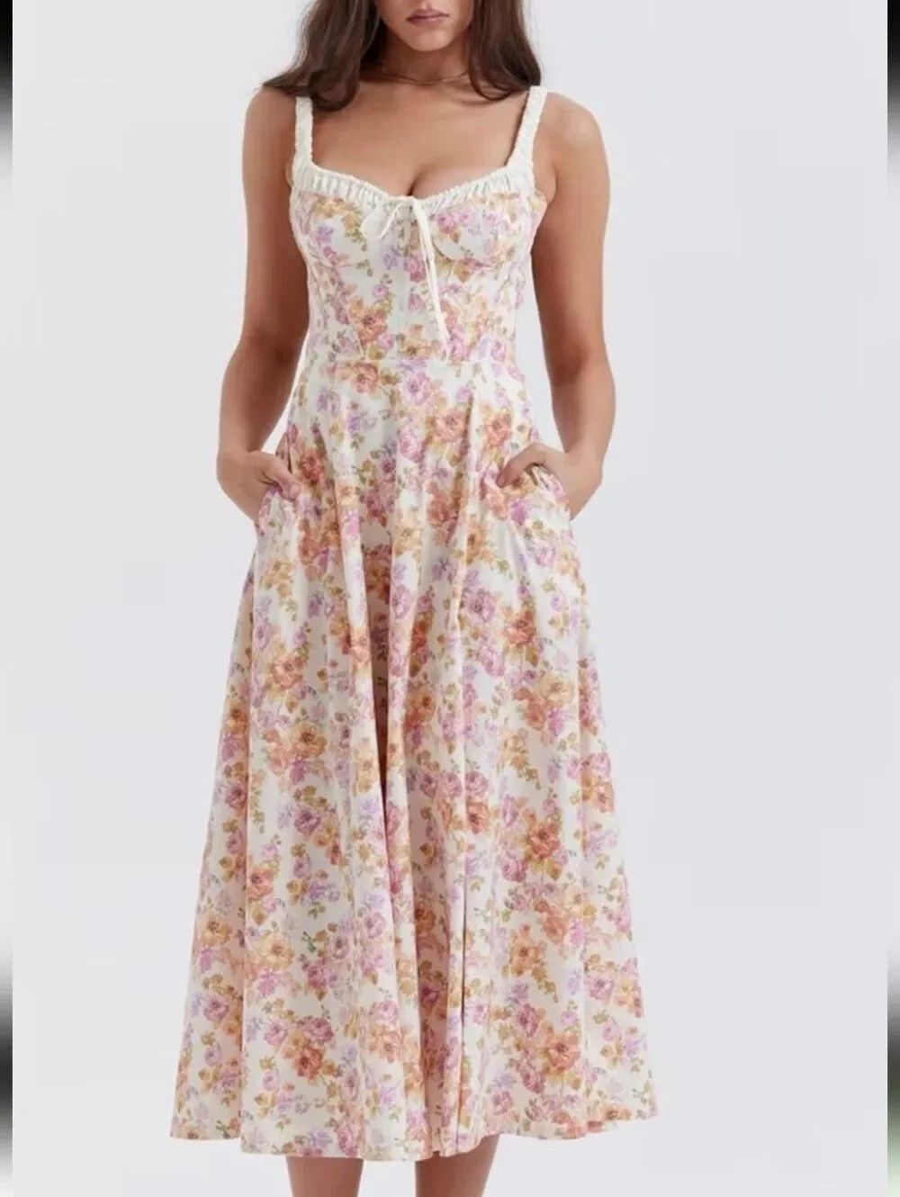 Princess Fit Midi Floral Corset Midi Dress - White Pink & Gold Floral Sz Medium